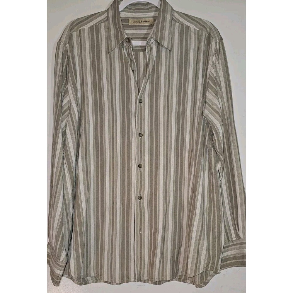 Vintage Tommy Bahama 100% Silk Dress Shirt Men's L Striped Beige Khaki - Picture 7 of 8